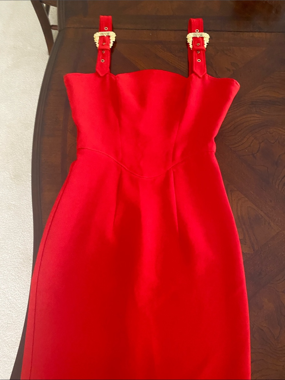 Versace Jeans Collection Red Midi Dress with Gold Buckle Straps